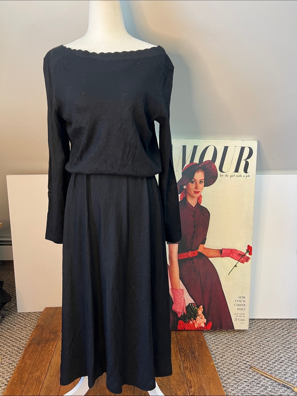 Vintage 1980s Classic Black Midi Dress Long-Sleeve wool rescue me